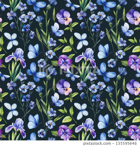 Blue butterfly watercolor pattern with iris pansy cornflowers and wildflowers background for spring textile and wrapping Blue butterfly watercolor pattern with iris pansy cornflowers and wildflowers background for spring textile and wrapping 135595648