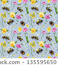 Watercolor bee pattern with bumblebees pansy lily of the valley bluebells and mustard flowers blue background 135595650