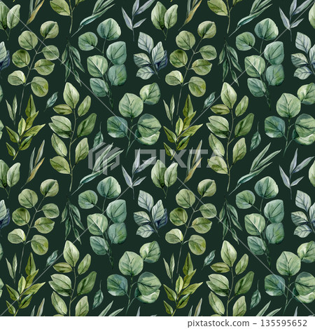 Eucalyptus watercolor leaf pattern with branches and soft foliage, floral background for modern wedding stationery and decor Eucalyptus watercolor leaf pattern with branches and soft foliage, floral background for modern wedding stationery and decor 135595652