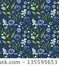 Blue cornflower watercolor pattern with bluebells flax flowers and leaves on dark background for spring fabric and wallpaper 135595653