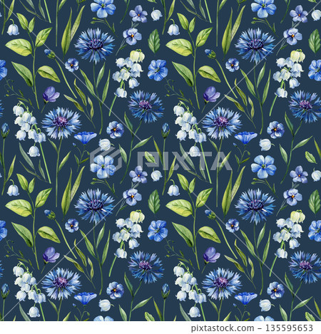 Blue cornflower watercolor pattern with bluebells flax flowers and leaves on dark background for spring fabric and wallpaper 135595653