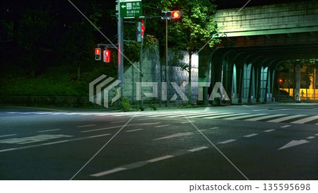 東京都高速公路外苑入口標誌和夜間的紅色交通號誌燈 東京都高速公路外苑入口標誌和夜間的紅色交通號誌燈 135595698