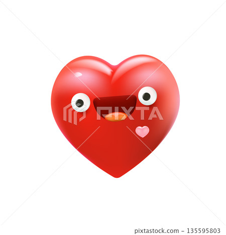 Vector cartoon heart character with smiling face 3d style. Valentines day red funny and cute heart emoji character isolated on white background. Conceptual valentines day comic funky kids sticker 135595803