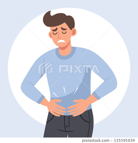 Man suffering from abdominal pain and discomfort. Healthcare and medicine illustration. 135595839