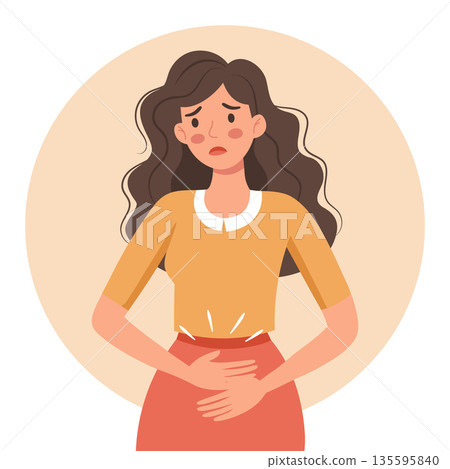 Woman suffering from abdominal pain and discomfort. Healthcare and medicine illustration. Woman suffering from abdominal pain and discomfort. Healthcare and medicine illustration. 135595840
