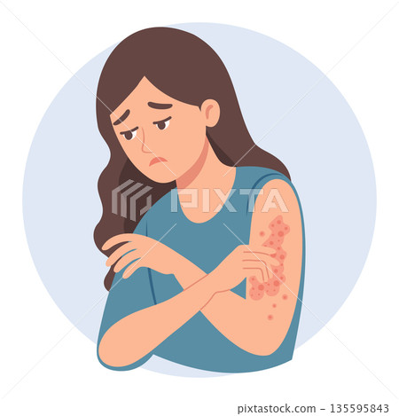 Sad woman scratches her hand. Allergic itching, skin inflammation, redness and irritation. Healthcare and medicine illustration. Sad woman scratches her hand. Allergic itching, skin inflammation, redness and irritation. Healthcare and medicine illustration. 135595843