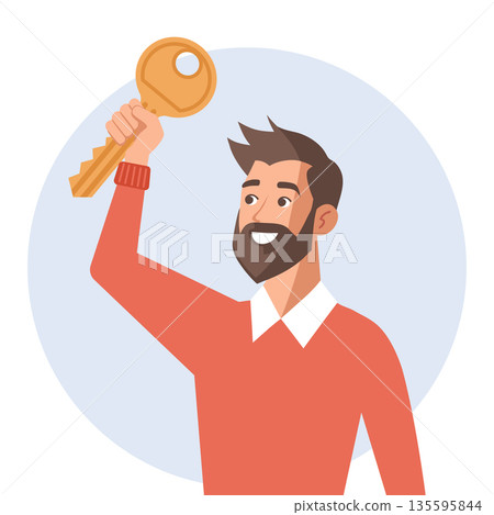 Happy young man holding key to new house or apartment. Business or ownership concept illustration. Happy young man holding key to new house or apartment. Business or ownership concept illustration. 135595844