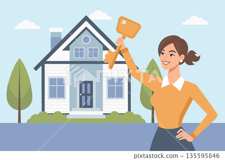 Happy woman celebrating new home ownership with a key in hand. Young woman holding key to new house or apartment. 135595846