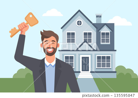 Happy man celebrating new home ownership with a golden key in hand. Young man holding key to new house or apartment. Happy man celebrating new home ownership with a golden key in hand. Young man holding key to new house or apartment. 135595847