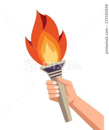 Hand holding flaming torch. Flaming torch in hand icon. Illustration. 135595848