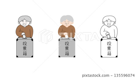 一組插畫，描繪了一位老人將選票投入手繪投票箱的場景 | 選舉、政治、老年人、祖父 135596074