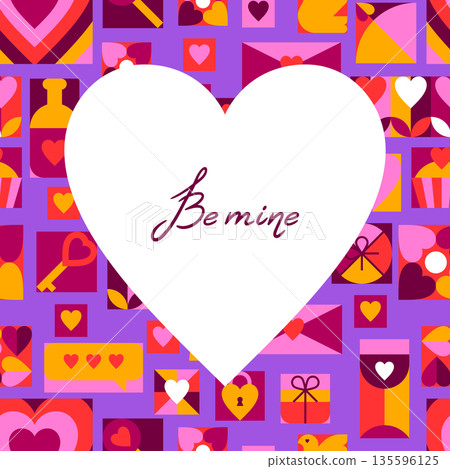 Happy Valentine Day greeting card. Holiday background with romantic items and love symbols. Happy Valentine Day greeting card. Holiday background with romantic items and love symbols. 135596125