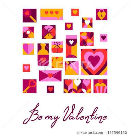 Happy Valentine Day greeting card. Holiday background with romantic items and love symbols. Happy Valentine Day greeting card. Holiday background with romantic items and love symbols. 135596130
