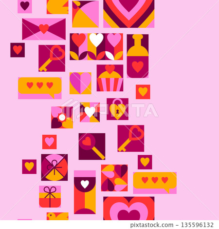 Happy Valentine Day seamless border. Holiday background with romantic items and love symbols. 135596132