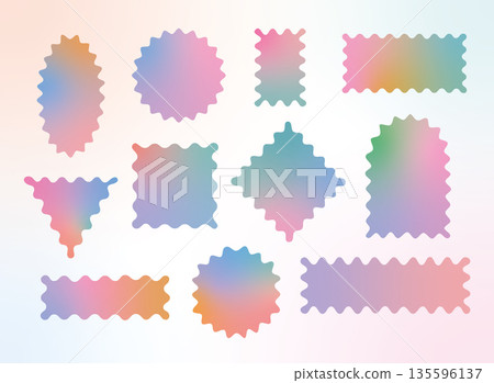 Pastel color gradient wavy, zigzag edges geometric shapes, figures. Doodle y2k squiggle backgrounds. Groovy cute vector frameworks, rectangle, tags, frames 135596137