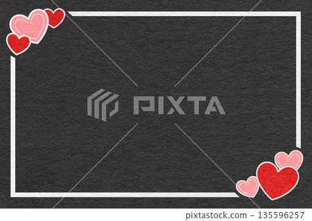 Valentines Day black romantic background from textured paper with red pink hearts, white frame and copy space for banner 135596257