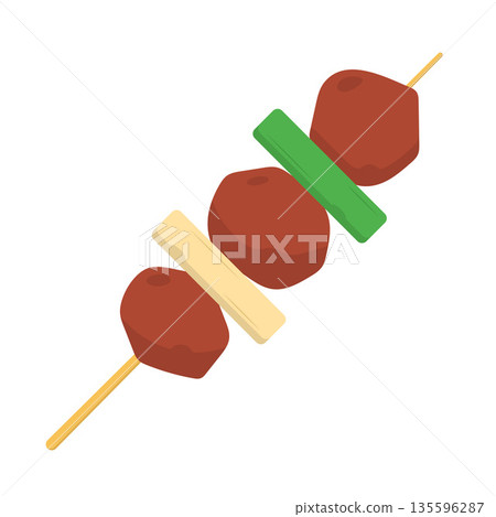 Chicken Skewer with Green Onion Flat Illustration. Clean Icon Design Element on Isolated White Background Chicken Skewer with Green Onion Flat Illustration. Clean Icon Design Element on Isolated White Background 135596287