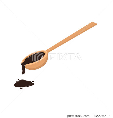 Spilled Soy Sauce on Tablespoon Flat Illustration. Clean Icon Design Element on Isolated White Background 135596308