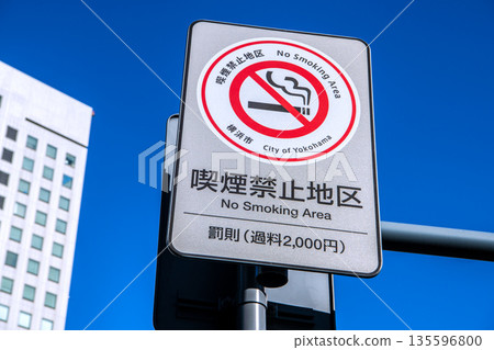 Yokohama cityscape, Japan. A "No Smoking Zone" sign near the Honmachi 5-chome intersection. The building on the left is Yokohama Second Joint Government Building. 135596800