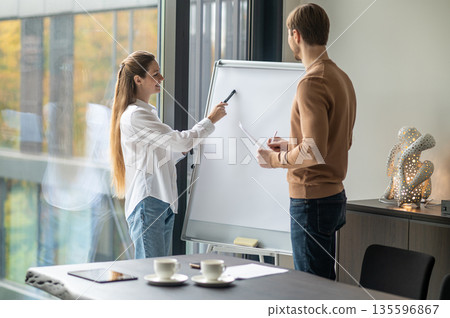 Colleagues standing near the flipchart in the office and discussing new project details 135596867