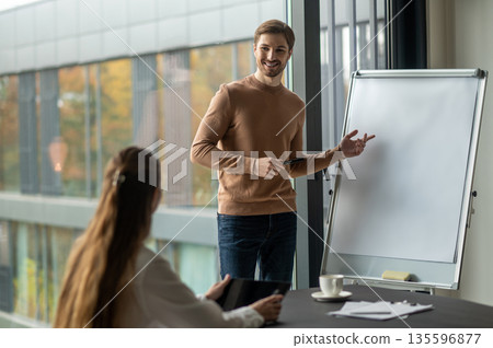 Positive young man standing near the flipchart in the office and presenting a new project Positive young man standing near the flipchart in the office and presenting a new project 135596877