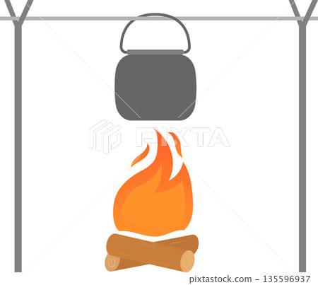Cooking Pot over Campfire Flat Illustration. Clean Icon Design Element on Transparent Background 135596937