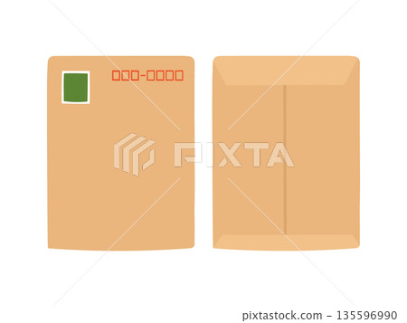 一張A4大小的棕色信封，上面貼有郵票，信封正反面都有插圖。 135596990