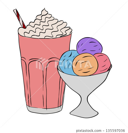 Milkshake Frappe Creamy Beverage Drink Icon ice cream Cafe composition hand drawn illustration. Vector graphic line ink colored art. For logo, web, package, sticker. 135597036