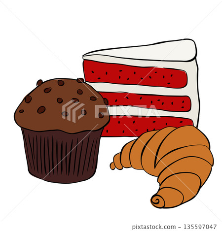 Danish Pastry and Dessert Illustration. Muffin cake croissant Cafe composition hand drawn illustration. Vector graphic line ink colored art. Sample poster, invitation, holiday banner, postcard. Danish Pastry and Dessert Illustration. Muffin cake croissant Cafe composition hand drawn illustration. Vector graphic line ink colored art. Sample poster, invitation, holiday banner, postcard. 135597047