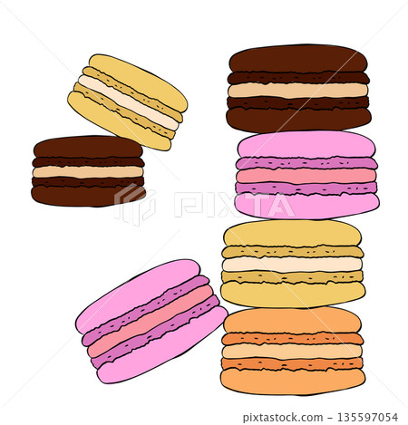 A stack of colorful macarons, showcasing a variety of flavors and textures, arranged in a visually appealing tower. Cafe composition hand drawn illustration. Vector graphic line ink colored art. A stack of colorful macarons, showcasing a variety of flavors and textures, arranged in a visually appealing tower. Cafe composition hand drawn illustration. Vector graphic line ink colored art. 135597054