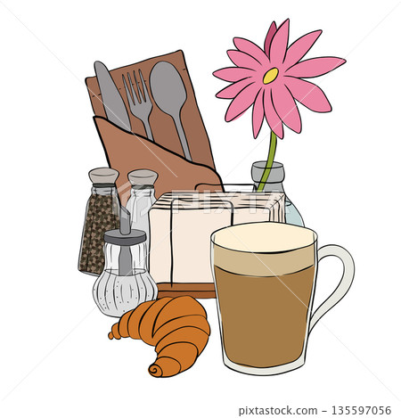 breakfast Cafe composition hand drawn illustration. Vector graphic line ink colored art. coffee, croissant, salt, pepper, sugar, flower, napkin, fork, knife, spoon. breakfast Cafe composition hand drawn illustration. Vector graphic line ink colored art. coffee, croissant, salt, pepper, sugar, flower, napkin, fork, knife, spoon. 135597056