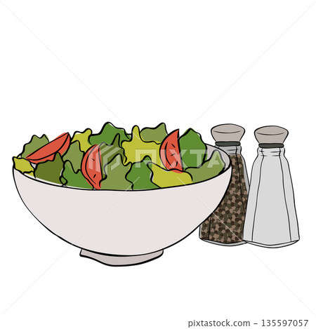 Greek salad in a bowl. salt and pepper shaker. Cafe composition hand drawn illustration. Vector graphic line ink colored art. Organic healthy food. design for fashion graphics, textile prints Greek salad in a bowl. salt and pepper shaker. Cafe composition hand drawn illustration. Vector graphic line ink colored art. Organic healthy food. design for fashion graphics, textile prints 135597057