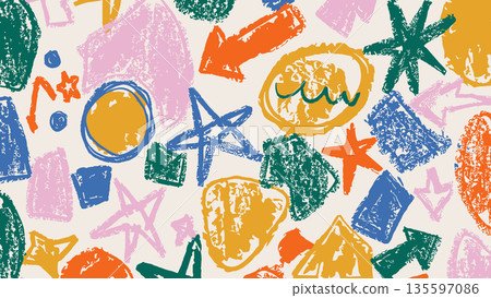 Fun colorful doodle pattern with hand drawn geometric shapes on beige background. Abstract charcoal drawing art. Childish concept backdrop 135597086