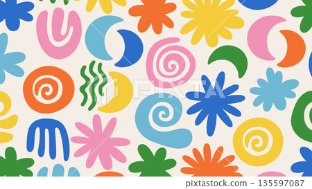 Colorful doodle pattern with hand drawn shape and figures. Fun abstract background in childish style 135597087