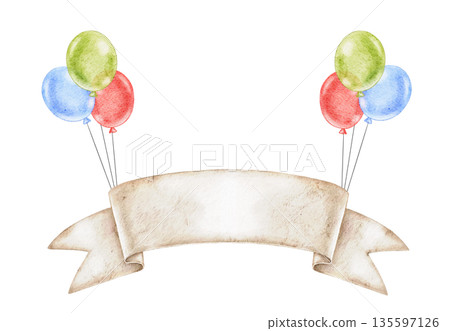 Composition of Paper banner with colorful green, blue and red balloons, watercolor illustration for name or text isolated on white. For event invitation, baby shower, birthday decor 135597126