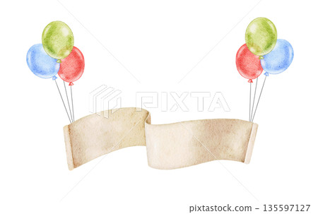 Composition of Paper banner with colorful green, blue and red balloons, watercolor illustration for name or text isolated on white. For event invitation, baby shower, birthday decor 135597127