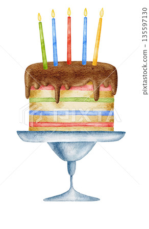 Watercolor rainbow cake on a stand with chocolate topping and colorful red, green, blue and yellow burning candles, isolated on white Birthday illustration, party event 135597130