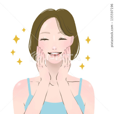 A woman who is overjoyed with both hands on her face - Beauty illustration A woman who is overjoyed with both hands on her face - Beauty illustration 135597196
