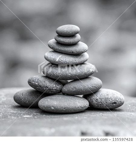 Captivating black and white macro of stacked zen stones. This metaphor for balance and stability is ideal for wellness, spa, or corporate peace themes. Serene and minimalist visual style. 135597428