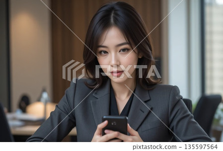 An office lady in a suit sitting and playing with her smartphone 135597564