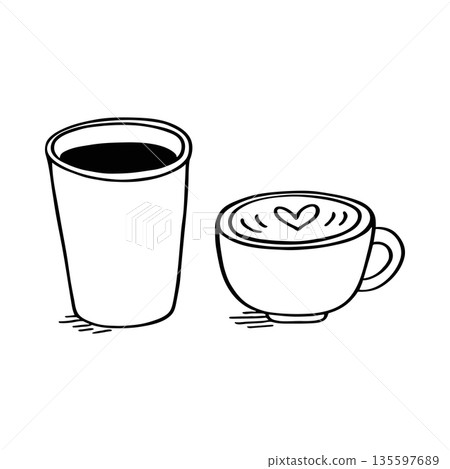 Outline sketch coffee to-go and cappuccino mug with heart. Vector icon on doodle style 135597689