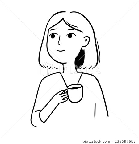 Sketch young woman with hot cup of coffee. Coffee break concept. Simple hand drawn vector line art Sketch young woman with hot cup of coffee. Coffee break concept. Simple hand drawn vector line art 135597693