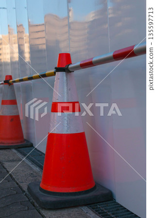 Traffic cones installed at a construction site Traffic cones installed at a construction site 135597713