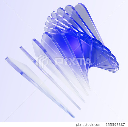 Abstract 3d glass layered effect with light purple blue gradient. Line array, twisted transparent form render. Swirl of crystal triangle plate shapes. Isolated graphic design element. 3D illustration Abstract 3d glass layered effect with light purple blue gradient. Line array, twisted transparent form render. Swirl of crystal triangle plate shapes. Isolated graphic design element. 3D illustration 135597887
