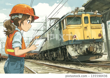 女性工作人員檢查貨運列車運行狀態 | 鐵路物流與安全管理工作示意圖 女性工作人員檢查貨運列車運行狀態 | 鐵路物流與安全管理工作示意圖 135598436