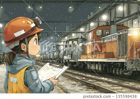 女性工作人員深夜檢查貨運列車 | 夜間鐵路物流工作示意圖 135598438
