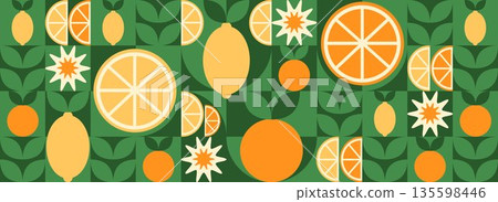 Tropical fruits: orange, leaves, and slices. Abstract geometric background in Bauhaus style. Set of vector icons in a simple, flat, minimalist style. Tropical fruits: orange, leaves, and slices. Abstract geometric background in Bauhaus style. Set of vector icons in a simple, flat, minimalist style. 135598446