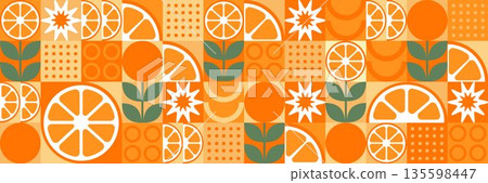 Tropical fruits: orange, leaves, and slices. Abstract geometric background in Bauhaus style. Set of vector icons in a simple, flat, minimalist style. 135598447