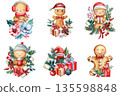 watercolor clipart, gingerbread set with gnome gifts candy canes holly and pine characters on white background 135598848