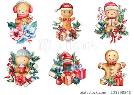 watercolor clipart, gingerbread set with gnome gifts candy canes holly and pine characters on white background 135598848